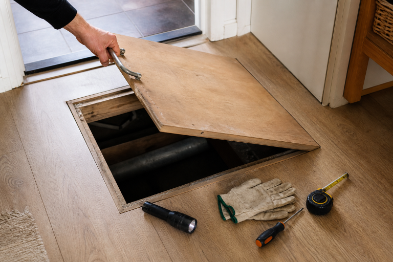 Kruipluik in een woningvloer wordt geopend