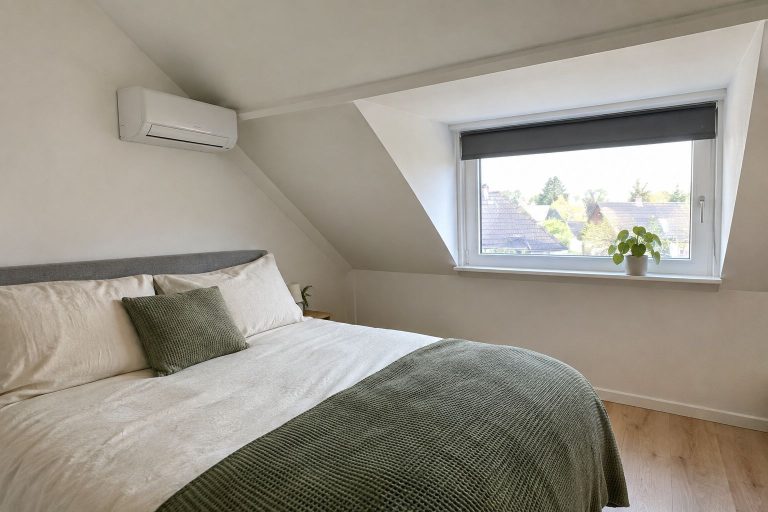 Split airco binnenunit aan de schuine wand van een geïsoleerde zolderkamer met dakkapel